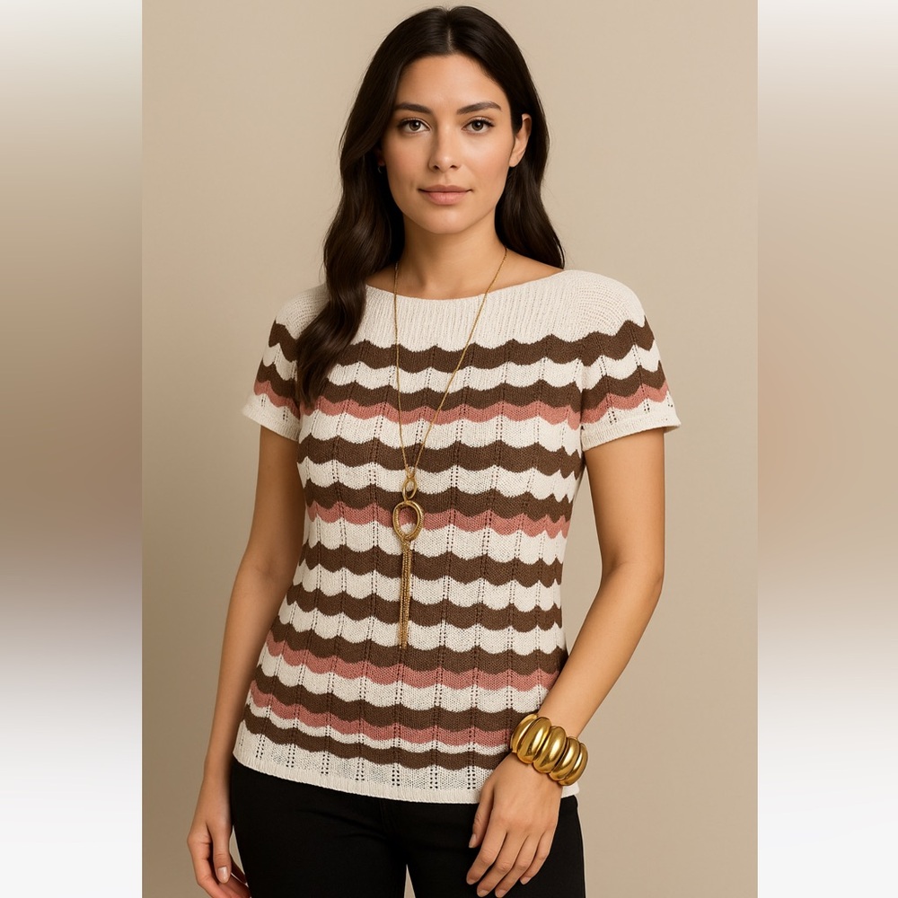Stretchy Cream Brown Pink Sparkley Wide Neck Sweater